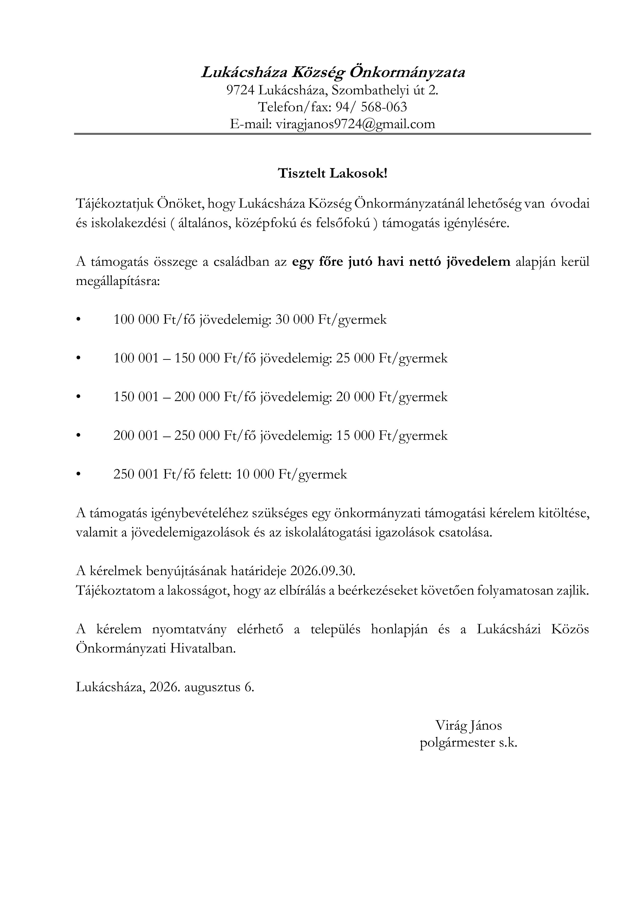 Óvodai iskolakezdési támogatás igénylése 2026.